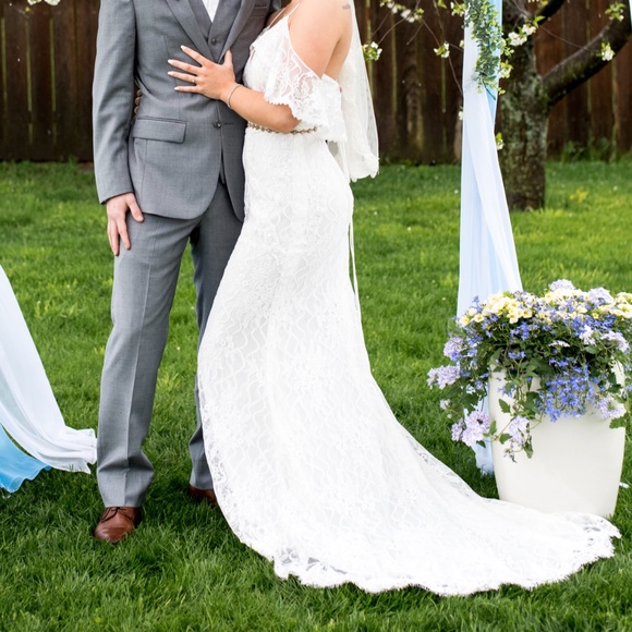 Lacey Soft white boho style Galina off shoulder maxi lace wedding dress - Picture 1 of 5